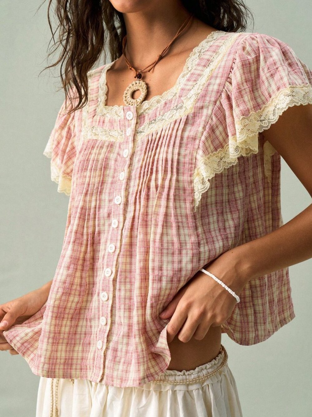 Baby Pink Casual Women's Collar Button-Up Floral Lace Ruffle Sleeve Blouse - Picture 3 of 9